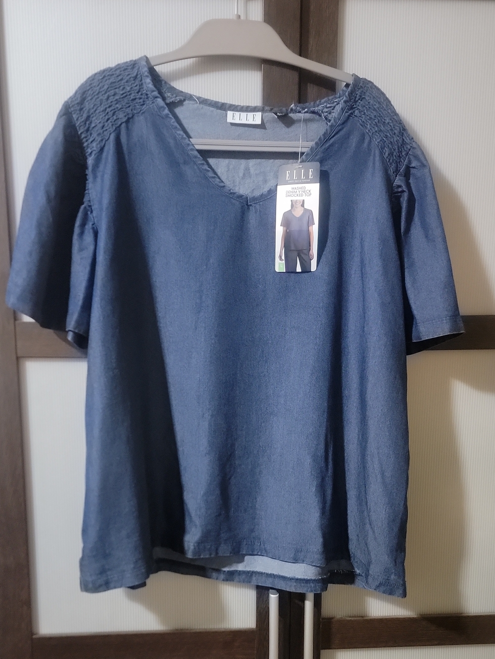 Elle Blue V-Neck Smocked Shoulder Short Sleeve Top